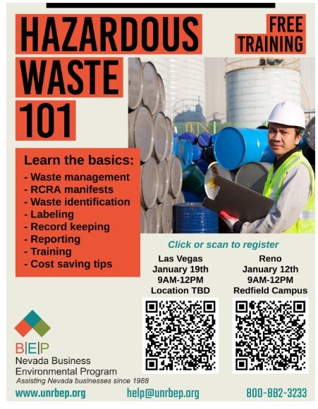 Check out this #hazardouswaste training for local organizations Jan, 12, 2023 in Reno! Hosted by @NvBep. This FREE training offers proper management of hazardous waste, RCRA manifest requirements, waste identification & labeling requirements, and more. unrbep.org/services/train…