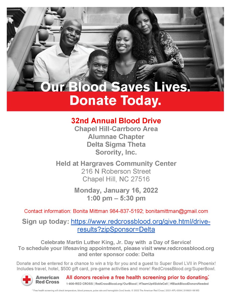 Please join us on Monday, Jan. 16 from 1-5:30p! Blood needs (especially Black blood needs) are critical and your support is vital!
