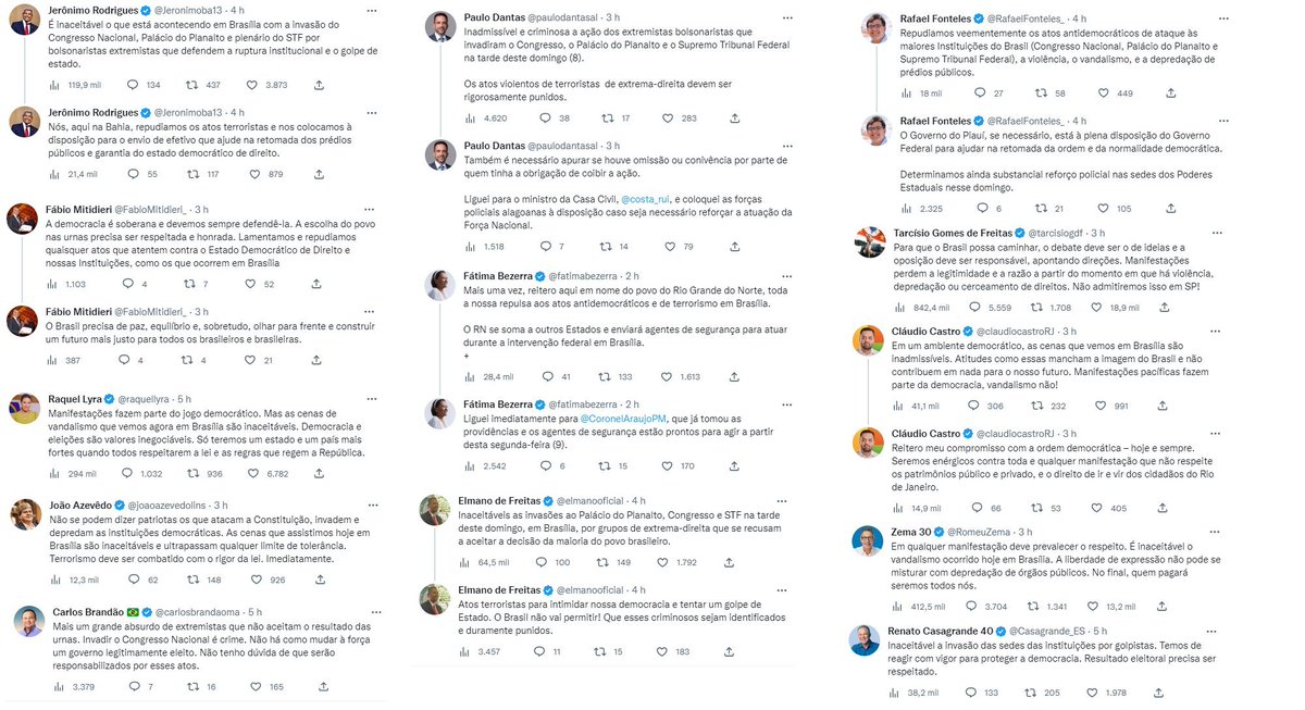 Apesar um governador não se posicionou contra os atos terroristas em Brasília!
🟥Marcos Rocha de Rondônia!

Todos os outros, até do PL, se posicionaram.
1⃣ NE e SE:
BA PT✅
SE PSD✅
AL MDB✅
PE PSDB✅
PB PSB✅
RN PT✅
CE PT✅
PI PT✅
MA PSB✅
SP Rep✅
RJ PL✅
MG Novo✅
ES PSB✅