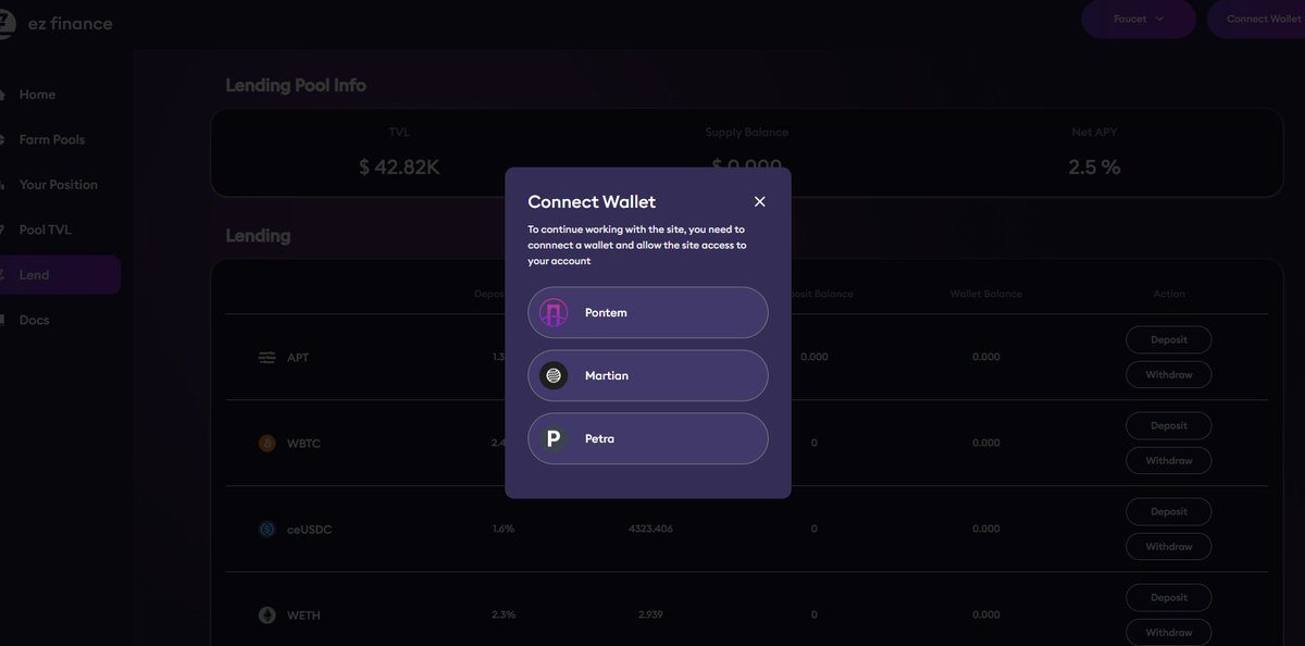 AptosProjectOrg's tweet photo. 👀Testing @EZProtocol in #Aptos test network today

1. Go to https://t.co/xO6GSK86BR
2. Connect our #Aptos wallet in the test network（ @PetraWallet @martian_wallet @PontemNetwork  ）
3. Requesting test tokens
4. Test Deposit and Withdraw with all tokens. https://t.co/b2xAY93RLD