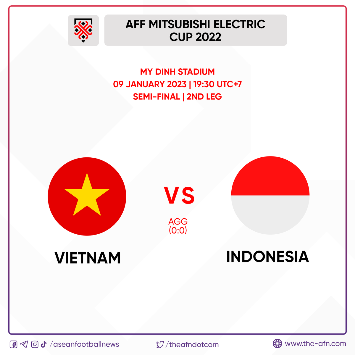 theafndotcom's tweet image. 2022 AFF Mitsubishi Electric Cup
Semi Final - 2nd Leg

🗓 Mon, 09 Jan 2023 - ⏰ 19:30 UTC+7
Vietnam 🇻🇳 vs 🇮🇩 Indonesia (AGG 0:0) 
----
#AFFMitsubishiElectricCup #AMEC2022
