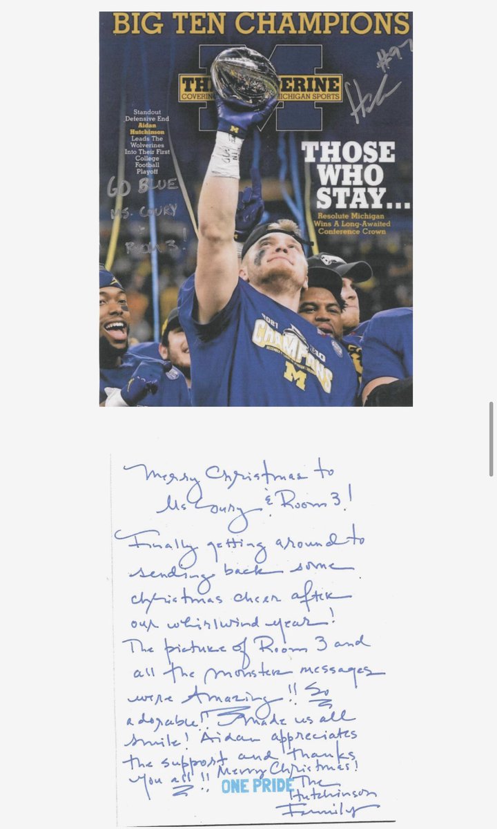 Opinterest's tweet photo. Aidan Hutchinson (Lions defensive end) went to same private school where my kids go, taught by same teacher in the same room. Liam's class sent a Good Luck / Christmas note and received this response! 😊 https://t.co/5THgE2Ugwc