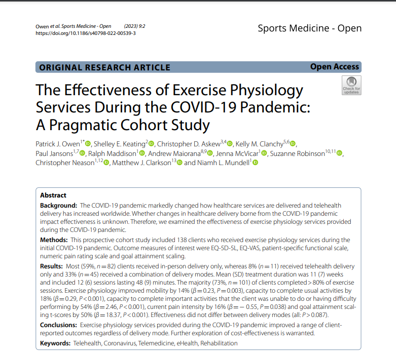 #Published During the COVID-19 Pandemic #ExercisePhysiology increased functional capacity, reduced pain intensity and resulted in clients achieving their treatment-based goals. Thanks again to the #DreamTeam collaborators & ESSA! @ESSA_NEWS  @DeakinIPAN @Deakin_ExSc @chris_askew