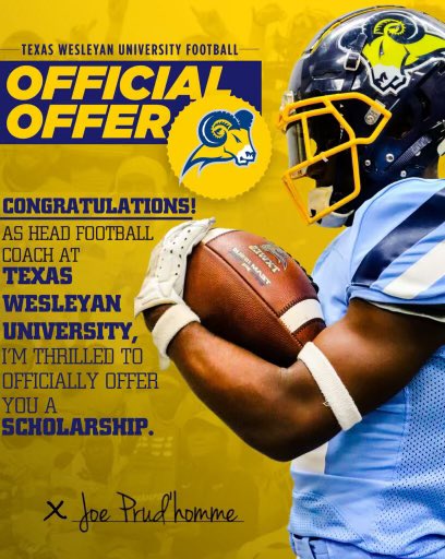 #AGTG After great conversations with Coach Duckworth, I’m beyond grateful to receive a scholarship offer from Texas Wesleyan University. #RamsUp 💙💛🐏 <a href="/TxWesFootball/">TxWes Football</a> <a href="/CoachJPtxwes/">Joe Prud'homme</a> <a href="/CoachGainesRec/">CG Recruiting</a> <a href="/PhilShaffer6/">Phil Shaffer</a> <a href="/BIRDVILLE_FB/">HAWK FOOTBALL</a> <a href="/Bville_Barstool/">Barstool Birdville</a> <a href="/HawksMobi/">Hawks 1st Down Club</a> <a href="/LoneStarPrepsTX/">LoneStarPreps.com</a>