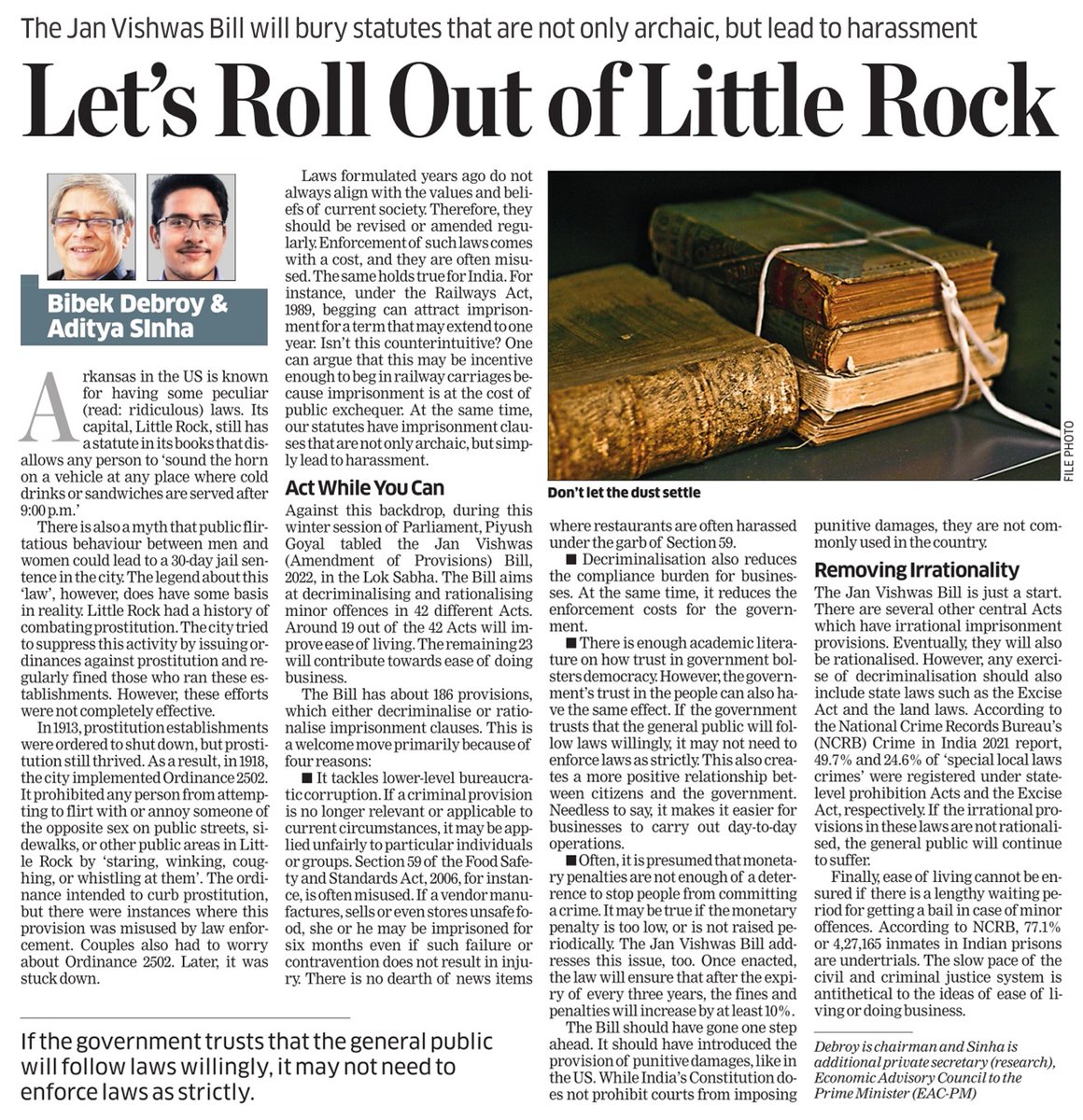 EACtoPM's tweet photo. Laws that were formulated many years ago do not always align with the values and beliefs of current society, & therefore should be revised/amended regularly. Enforcement of such laws comes with a cost, and they are often misused. Dr @bibekdebroy & @adityasinha004 write. (1/11) https://t.co/8LGExpQo5z