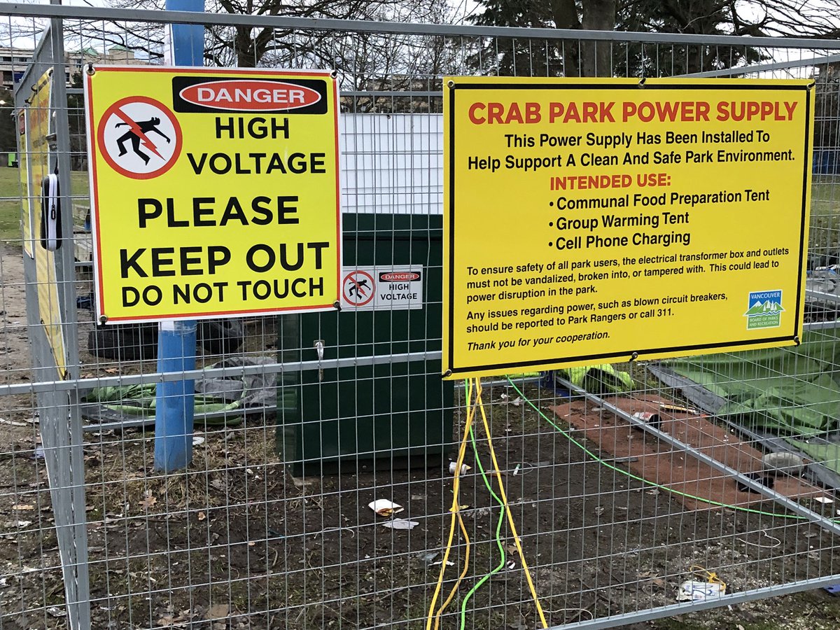 .@ParkBoard has installed a new transformer to power the #CRABPark encampment & “help prevent repeated damage”. Last month, @CityofVancouver electricians discovered the power supply vandalized - someone tried to bypass circuit breaker causing “major electrical hazards” #bcpoli