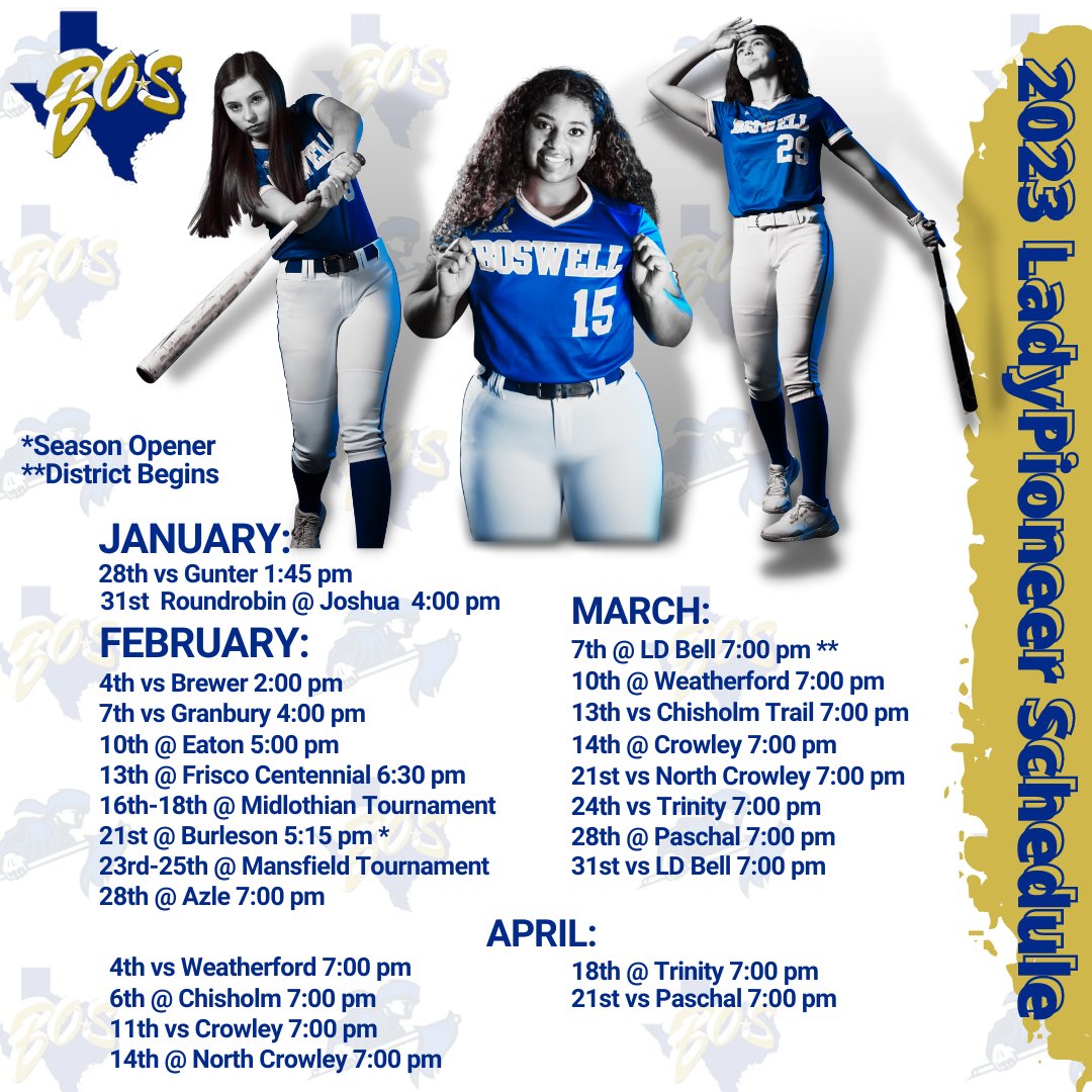 BosSoftball's tweet photo. The 2023 Lady Pioneer Softball schedule is out! 💙

We are 4 days away from tryouts and we are getting PUMPED up for this upcoming season! 🤩

***times subject to change the week of Spring Break https://t.co/vUKTFa2rXV