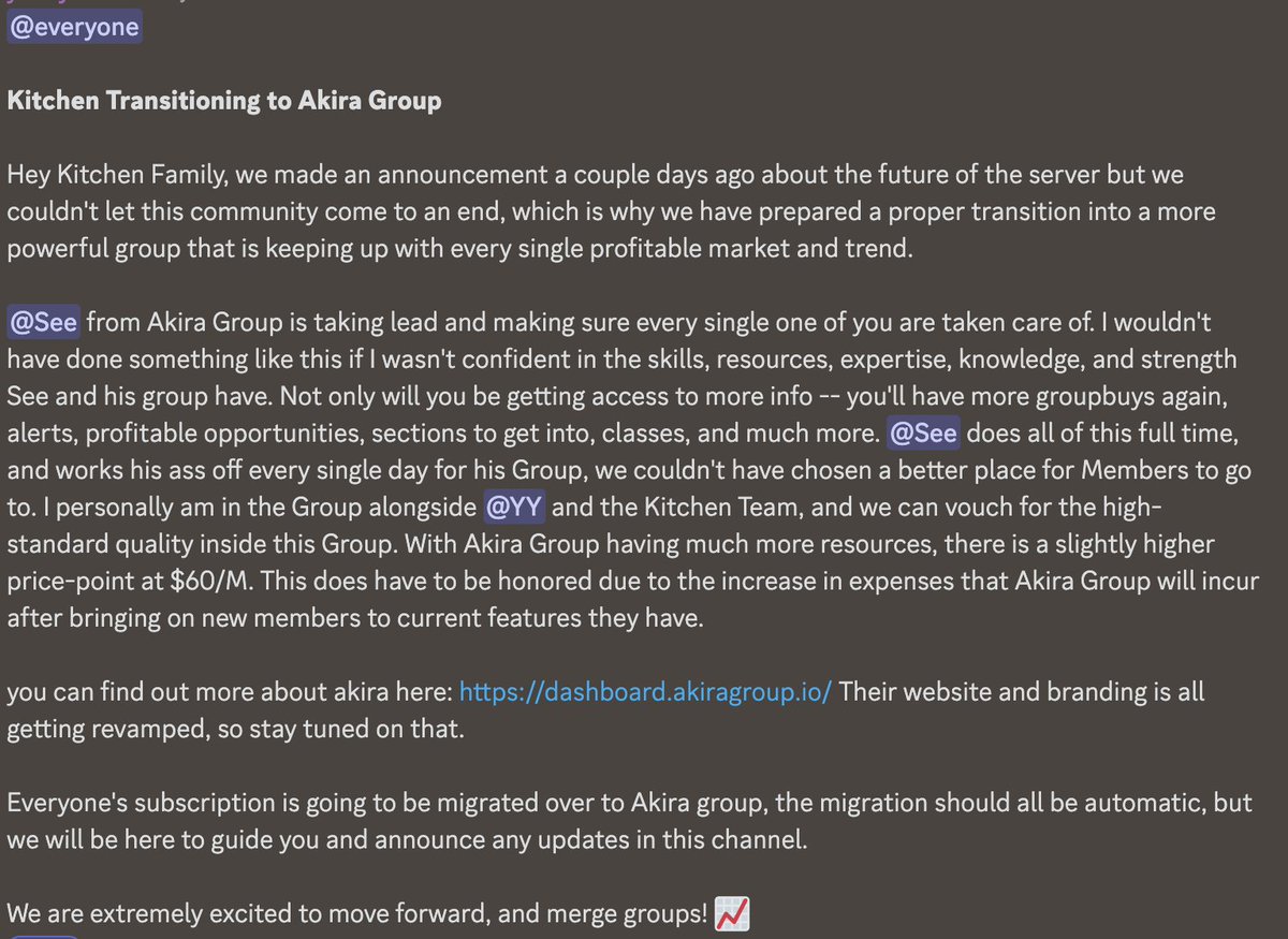 After years of running, The Kitchen will be ending. ❤️

We are excited to transition the community into <a href="/TheAkiraGroup/">Akira</a>. We are confident they can provide our holders with an even better experience to excel in all aspects of reselling!
