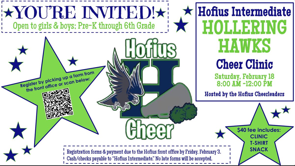 HofiusCheer's tweet photo. We are excited to announce that registration opens TOMORROW for our annual Hollering Hawks Cheer Clinic on 2/18! 💙💚 Check out our flyer for more information! We can’t wait to spend the morning with our ✨future✨ Hawk cheerleaders!🦅💙💚📣  @KleinISD https://t.co/l94zHQWLwu