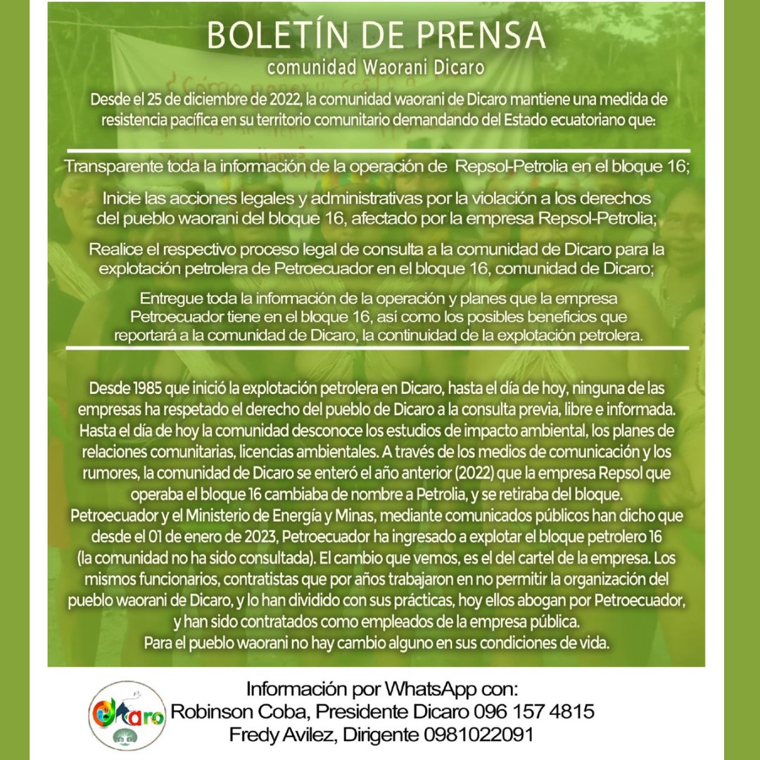 Comunidades Waorani dan a conocer situación de protesta por cambio repentino y sin aviso de la petrolera REPSOL, oremos para que se haga justicia.
