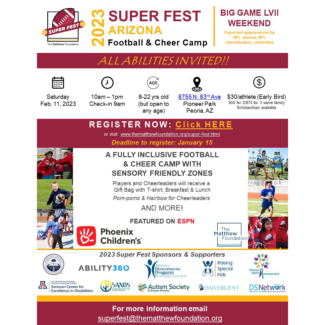 Join us on February 11th at Pioneer Park in Peoria, AZ for Super Fest 2023! Registration is open! bit.ly/superfest2023
#DownSyndrome #inclusion #volunteer #community #peoria #pioneerpark