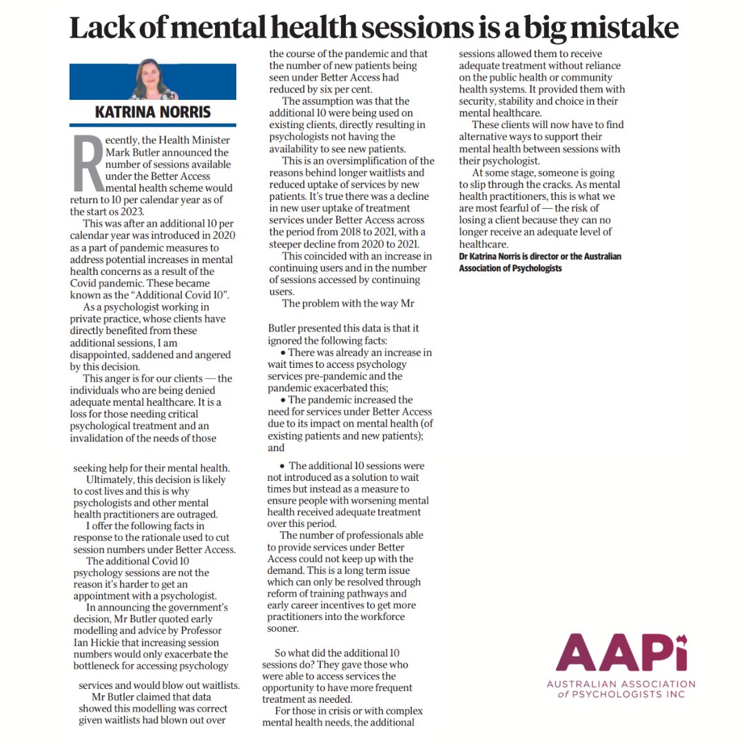 APsychologists's tweet photo. AAPi Director Dr Katrina Norris was featured in the Daily Telegraph today addressing concerns around the reduction in Better Access sessions from 1 January 2023: https://t.co/n9OQX6QBhQ https://t.co/jelmWHJlkU
