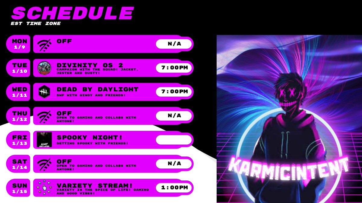 Kryp92's tweet image. Schedule for this week! Lots of cool games and collabs! Come hang out with me this week! Let me be your entertainment! #TNET #twitch