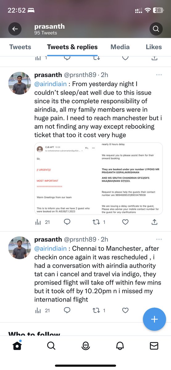 prsnth89's tweet photo. @TataCompanies @cromaretail @TataMumMarathon @ratantata waitin in coimbatore airport for 48hours but no resolution 😒😒😒 even after requesting to cancel airindia ticket n travel via indigo flight they didn’t support n made promise of making flight on time- video evidence of those conversation, really frustrated n pissed off https://t.co/9ZX9ZAvhFU