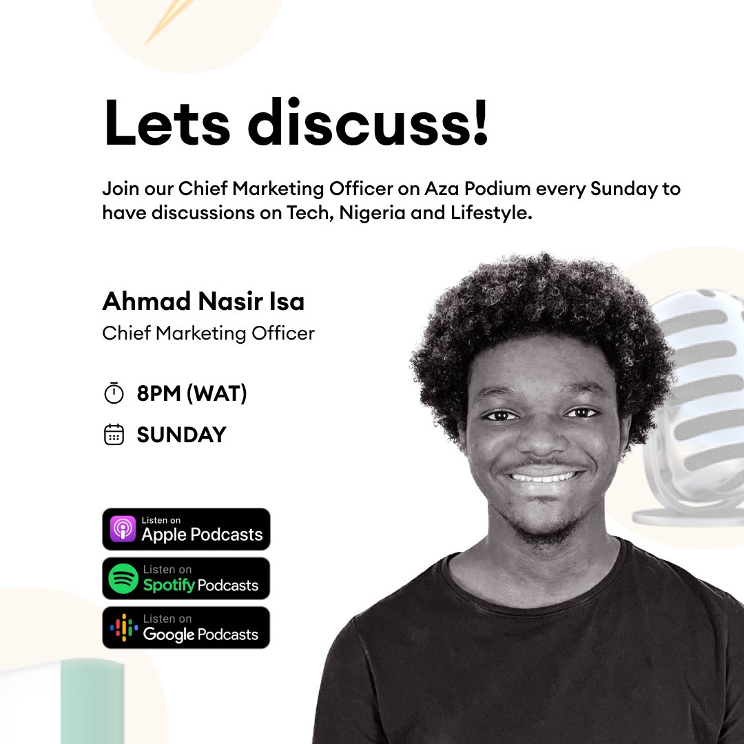azanaija's tweet photo. Catch us every Sunday, 8pm WAT on:

• Spotify

With your host @NasirIsa7 

#aza #slwa⚡️ #fintech #naija #nigeria #podcast #spotifypodcast https://t.co/QSYN7NOKXk