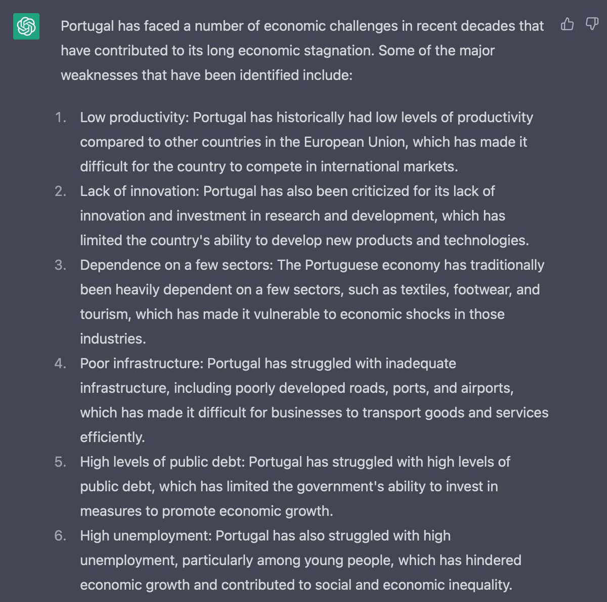 malliberal's tweet photo. E sobre o diagnóstico da situação de Portugal, o ChatGPT também parece ter a lição bem estudada. Sugiro substituir o actual Governo pelo ChatGPT. https://t.co/MujnLDaPl2