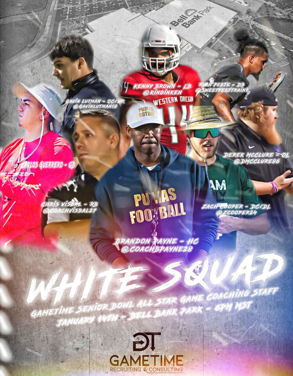 CoachBpayne28's tweet photo. Here is it!!! It’s the “WHITE SQUAD” All Star Coaching Staff for the 2023 @GametimeRC Senior Bowl‼️ “WE READY”
@zcooper24 @CoachVisbal27 @sweetfeettrain1 @dmcclure86 @kinginken @gavinlutman18 @CoachGuerrero1 #WhiteSquad #Squad🆙 
⬆️Give our coaches a Follow⬆️ https://t.co/qkW2WBzkzt