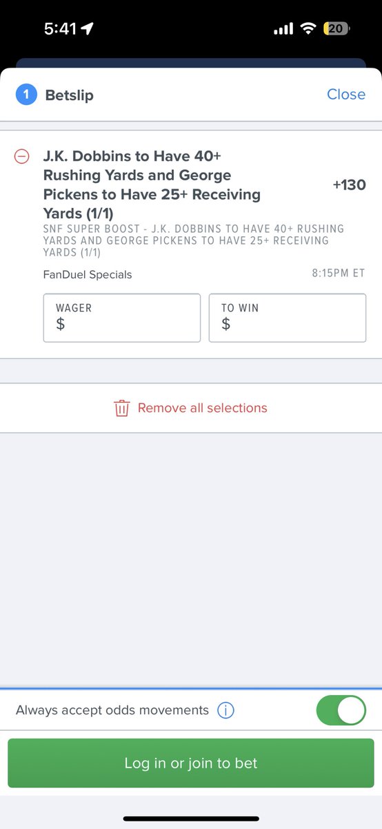 ThePromoguy123's tweet image. Must bet oddsboost on Fanduel:
George Pickens 25+ yards receiving and JK Dobbins 40+ rush yards boosted to +130.
The 0 vig line is ~+112 (loses 52.8% of the time) giving this a ~+8.5% EV!
Bet it now!