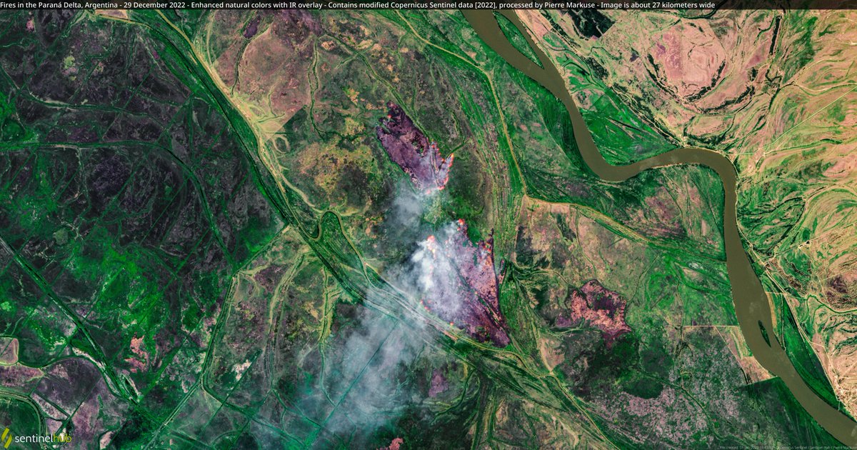 Pierre_Markuse's tweet photo. 🟠 Fires in the Paraná Delta, #Argentina🇦🇷 29 December 2022 #Copernicus🇪🇺 #Sentinel-2🛰️ Full-size ➡️ https://t.co/9iiNrPmMK8 #OpenData #SciComm #RemoteSensing #fire #wilfire Image is about 27 kilometers wide https://t.co/x3FB8skIXD