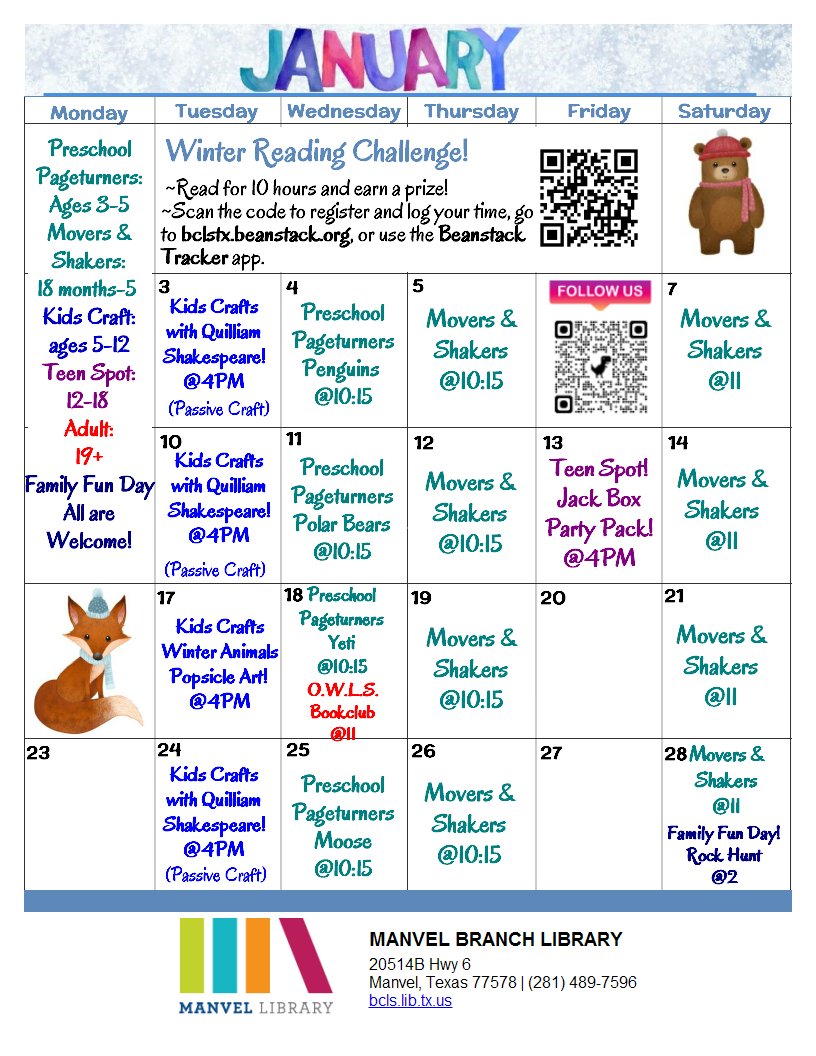 ManvelLibrary's tweet photo. Check out what's happening at Manvel Public Library this January! Be sure to check the calendar as some of our programs have moved days starting this month. #bclstx #manvelpubliclibrary #manvellibrary #librariesrock #manveltx #manvel #reading #read #bclstx https://t.co/NMpBR2MeKV https://t.co/Xesfaytzkc