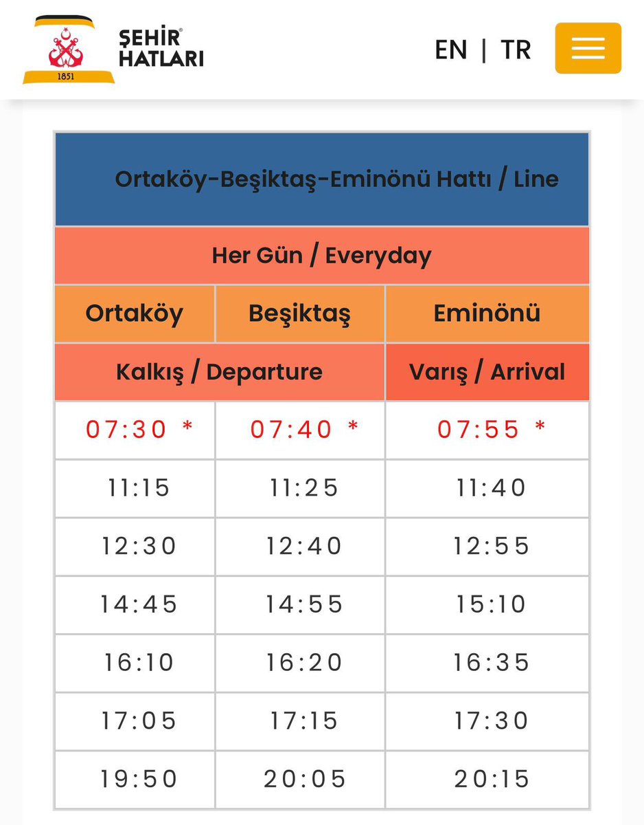 Aracınızı bırakın, kahvenizi yudumlayarak yol alın!

Ortaköy– Beşiktaş – Eminönü hattı vapur seferlerinde bir ilk. Sadece 25 dakika sürüyor. Hafta içi ve Cumartesi günleri günlük 14 sefer, Pazar günleri ise 13 sefer ile hizmetinizde. BUGÜN BAŞLADI