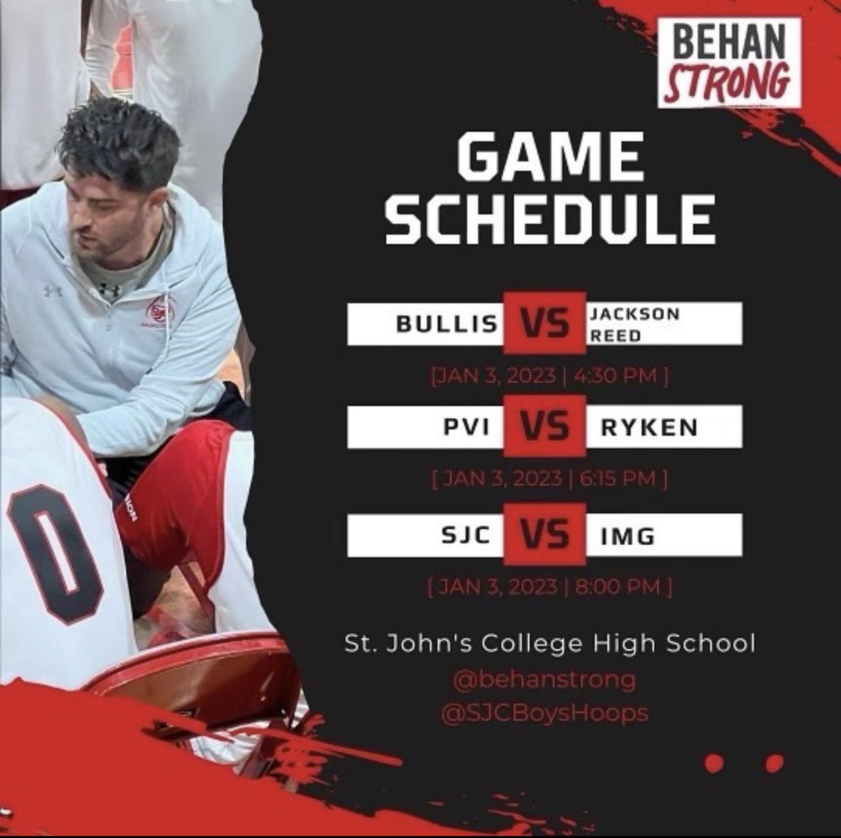 Behan Strong invitational THIS Tuesday! 4:30 Bullis v Jackson-Reed 6:15 PVI v Ryken 8:00 SJC v IMG 🎟 $20 (only at the door) Help support @BehanStrong and fight ALS. behanstrong.com @BruceKelley1 @JRHSTigersHoops @PVIHoops @smrboysbball @IMGABasketball