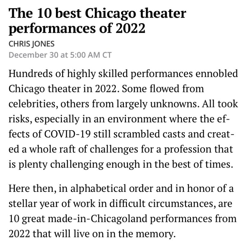 awkvanmills's tweet photo. Thank you @chicagotribune for including me on your list of the top ten Chicago theater performances of 2022! What a cool way to end the year🥹💛✨ https://t.co/jdgHuPglaw