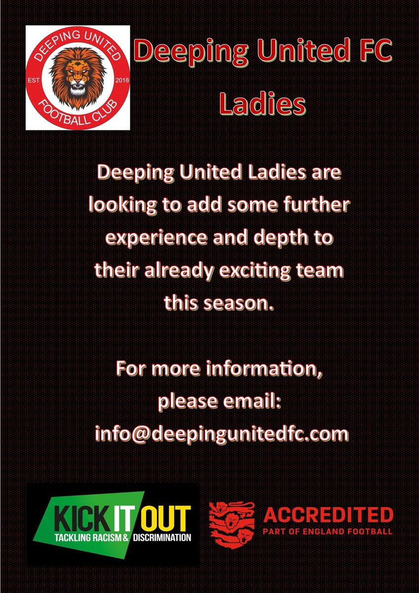 Looking to get back into football in 2023? We are actively looking for experienced players to booster our existing squad. We train on Tuesday evenings.
⚽ Match day Sunday. ⚽
For further information e-mail info@deepingunitedfc.com