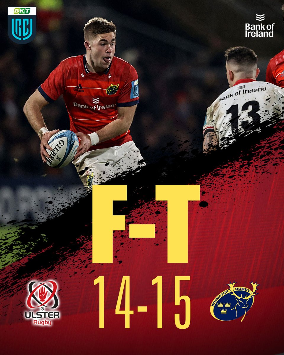 FULL-TIME: Ulster 14-15 Munster

YESSSS!

A huge win in Belfast as Ben Healy's last-gasp converted try secures a precious victory!

#ULSvMUN #SUAF🔴