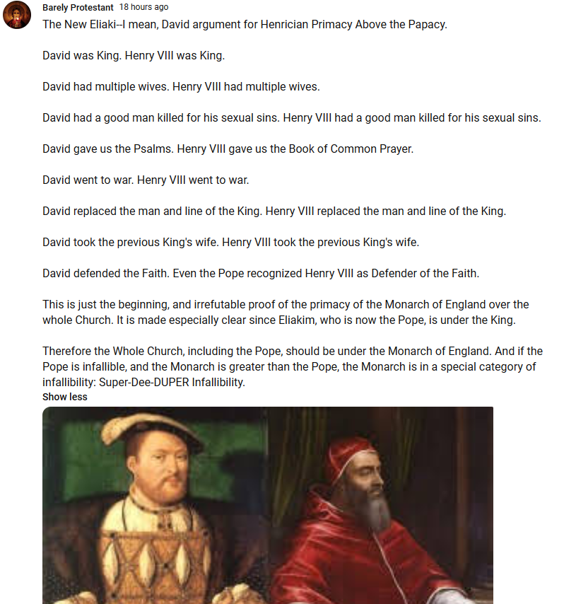 After long and difficult considerations have I decided to convert to Anglicanism.

I've been on the fence regarding some hermeneutical and ecclesiastical questions, but ultimately @AJGadomski typological argument for Henry as the New King David convinced me.

So glad to be home🙏