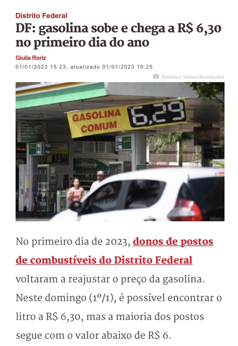 RafaelFontana's tweet photo. Há cinco dias, a gasolina em Brasília custava em média R$ 4,89.
No primeiro dia de Lula, o reajuste médio foi de 20%. https://t.co/fkySn2GwPG