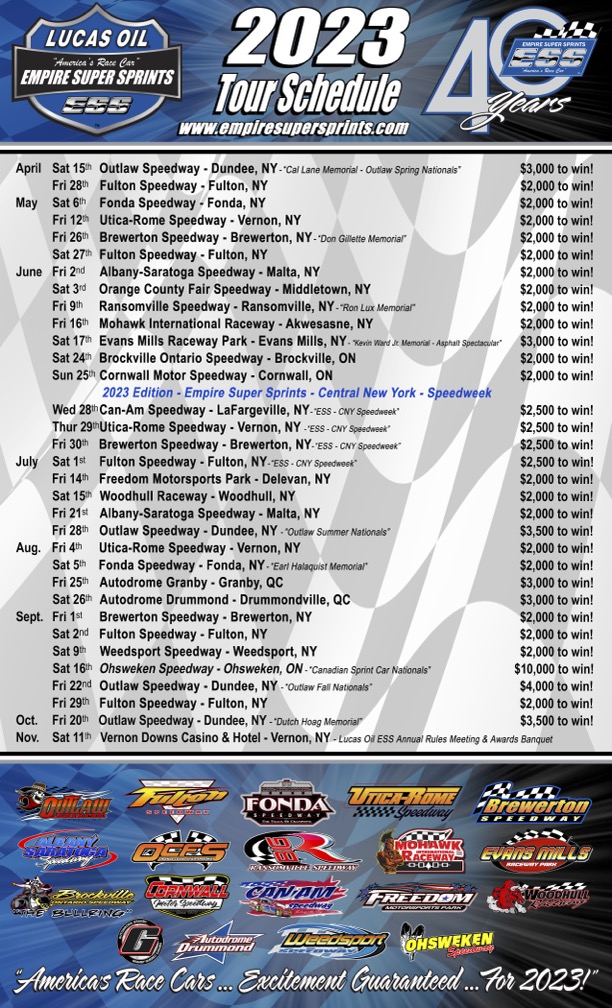 ESSprints's tweet photo. The 2023 Empire Super Sprints schedule is here!  In our 40th season, we will travel to 19 different tracks in New York, Quebec &amp; Ontario, Canada. Mark your calendars to see "America's Race Cars" in action! https://t.co/NioIEIO7Pk
