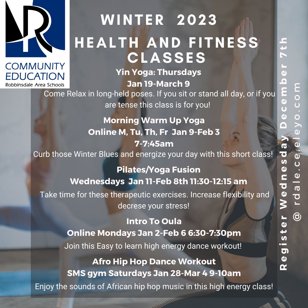 RASCommunityEd's tweet image. New Year Healthier YOU! Join us for our variety of Fitness Classes! We have something for everyone! If you wan to relax with Yoga or High Energy workouts with Oula or Afro Hip Hop!

Register today @ rdale.ce.eleyo.com