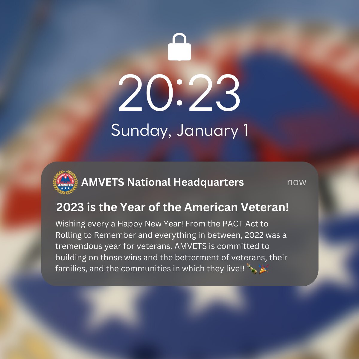 AMVETSHQ's tweet photo. AMVETS National Headquarters wishes all a Happy New Year! Let’s make 2023 the Year of the #Veteran! https://t.co/hsHVuMEd5p