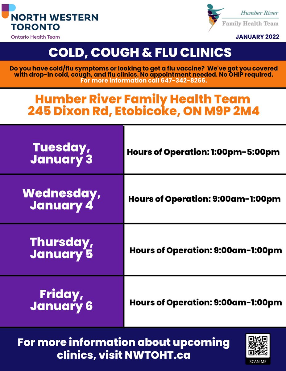 Looking for a cold, cough and flu clinic this week? The Humber River Family Health Team will be hosting cold, cough and flu drop-in clinics Tuesday-Friday at 245 Dixon Rd, Etobicoke, ON M9P 2M4. OHIP is not required. For more details, please see below.