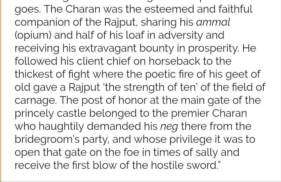 Explains the high and inviolable status of Charans who served as poet-bards. Immortalizing the actio...