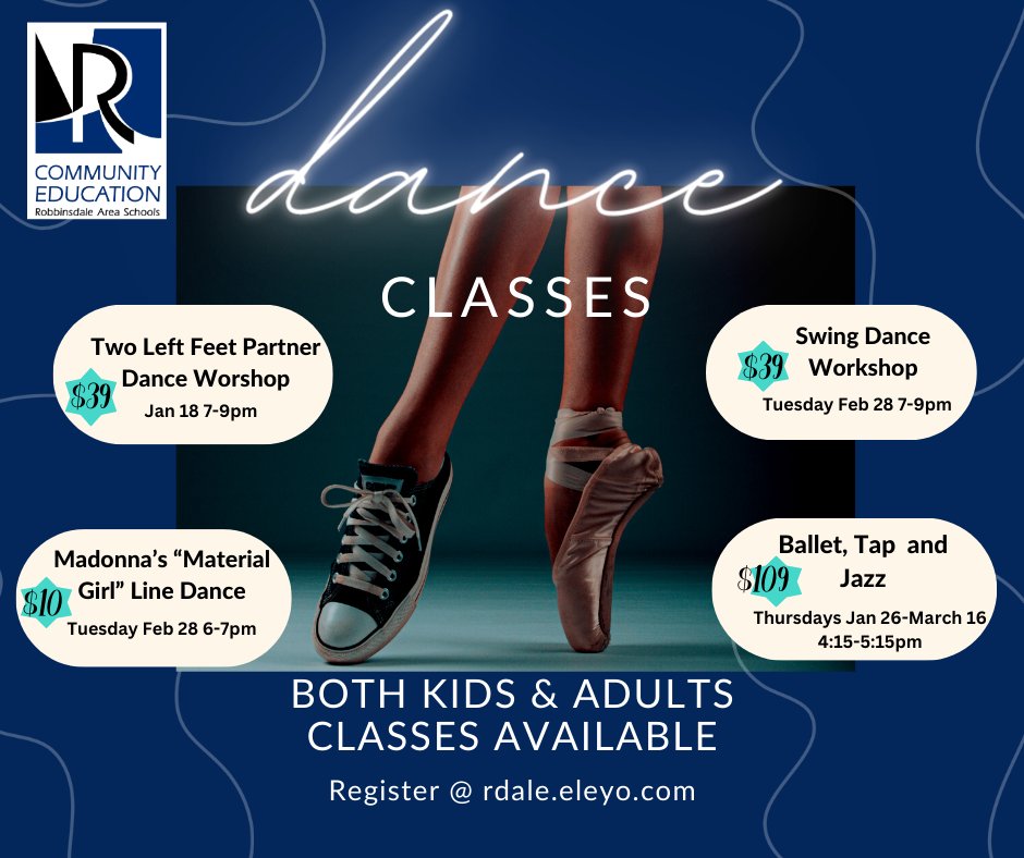 RASCommunityEd's tweet image. Don't walk, DANCE on over to our classes! 
We have both youth and adult dance classes.
Shimmy on over and register online today!