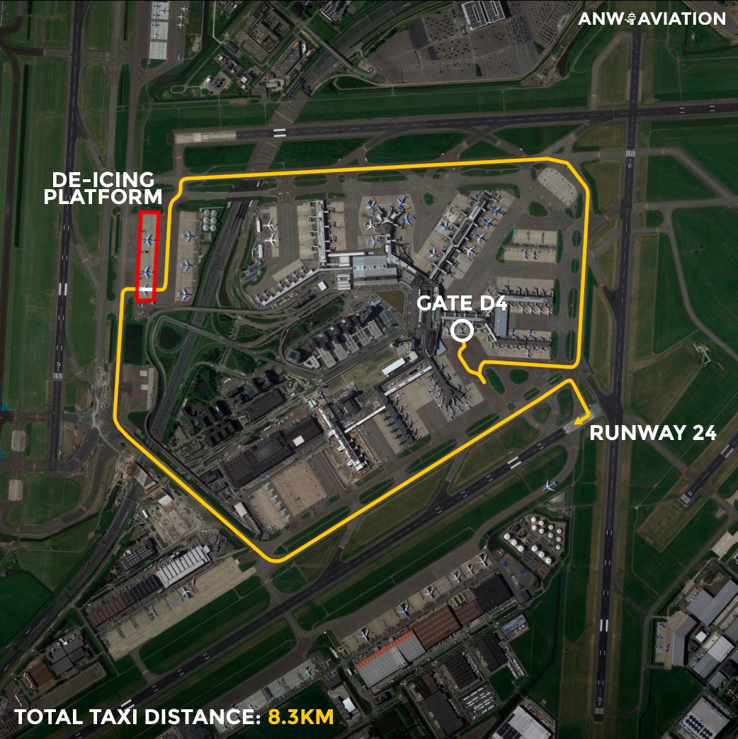 On any winter morning in Amsterdam, an aircraft taxiing from Gate D4 to Runway 24 with needs for de-icing would have to travel a ridiculous 8.3km in total!🤯

This is seven times more than on a normal summer day! No wonder Schiphol has this big fame for long taxi times!✈️❄️