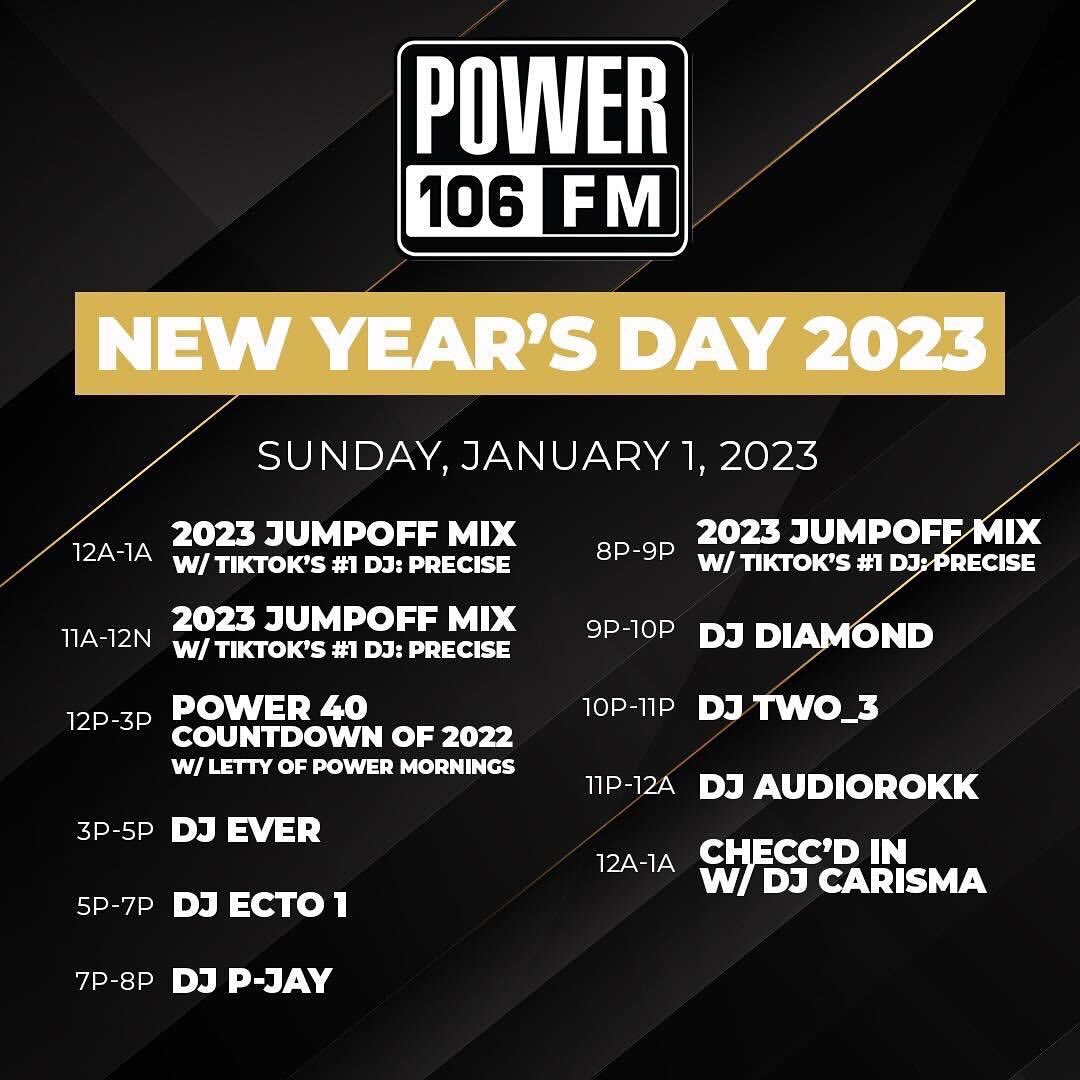 Power 106 (@power106la) on Twitter photo Set off your 2023 with LA’s BEST in the mix‼️🔥 <a href="/djecto1/">DJΞCTO1</a> <a href="/DJEver/">DJ Ever</a> <a href="/djcarisma/">DJ Carisma</a> <a href="/j_credible/">Justin Credible</a> <a href="/djsourmilk/">DJ Sourmilk</a> <a href="/djprecise/">djprecise</a> <a href="/djpjay/">DJ P-JAY</a> <a href="/djaudiorokk/">Dj AudioRokk</a>
•
Sponsored by California Department of Public Health. This season and beyond, #GetTested and don’t invite COVID-19 home for the holidays. Set off your 2023 with LA’s BEST in the mix‼️🔥 <a href="/djecto1/">DJΞCTO1</a> <a href="/DJEver/">DJ Ever</a> <a href="/djcarisma/">DJ Carisma</a> <a href="/j_credible/">Justin Credible</a> <a href="/djsourmilk/">DJ Sourmilk</a> <a href="/djprecise/">djprecise</a> <a href="/djpjay/">DJ P-JAY</a> <a href="/djaudiorokk/">Dj AudioRokk</a>
•
Sponsored by California Department of Public Health. This season and beyond, #GetTested and don’t invite COVID-19 home for the holidays.