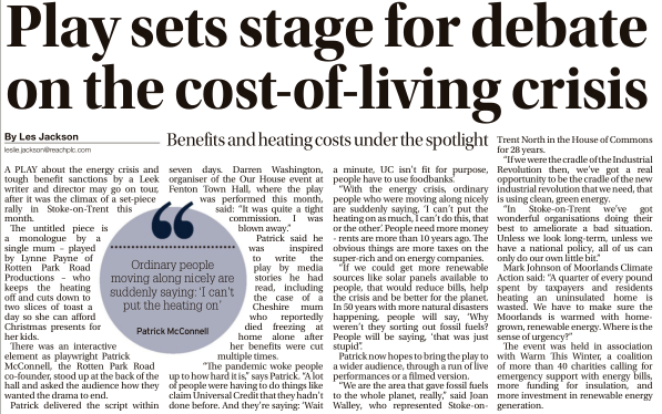 Write-up in <a href="/LeekNews/">Leek Post & Times</a> about Patrick McConnell of <a href="/rottenparkroad/">Rotten Park Road</a>'s powerful short play starring @lynnecpayne, about miseries of energy + cost of living crises and benefits sanctions - first performed at <a href="/ThisWinterUK/">Warm This Winter</a> Stoke rally before Christmas 👇