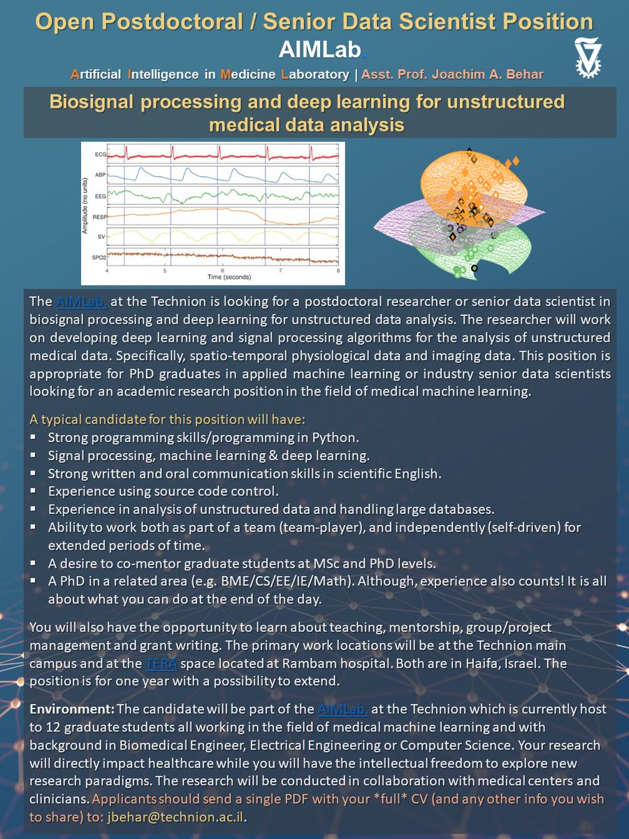 Open Postdoctoral / Senior Data Scientist Position at the AIMLab.
Biosignal processing and deep learning for unstructured medical data analysis.

#deeplearning #signalprocessing #medicine #datascientist