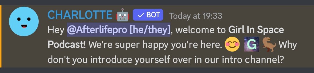 afterlifepro_'s tweet photo. When I tell u that this message scared me upon joining the #girlinspace discord it's a big fat lie but I wasn't expecting to be added instantly after.... GETTING THE PATREON 🎉🎉🎉🛸🪐 it's safe to say you've got me hooked @girlinspacepod https://t.co/tNxsSUfB85