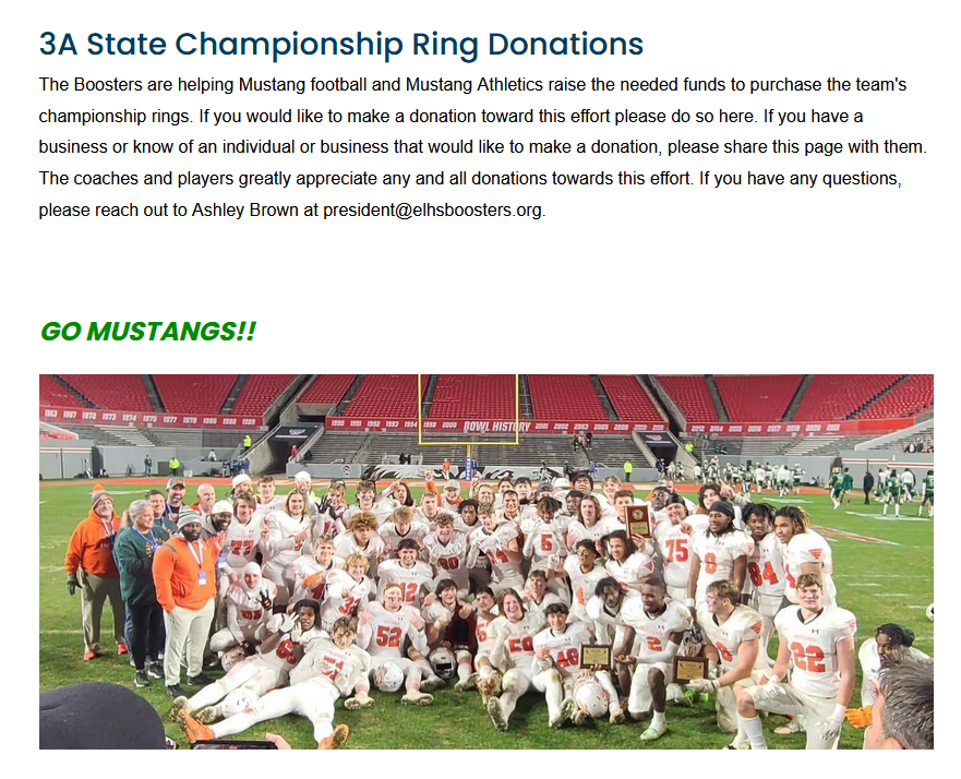 ElhsSports's tweet photo. The Boosters are still helping @athleticselhs and @eastlincolnfb raise funds for the 3A Championship rings. If any individuals or businesses would like to make a donation directly towards this effort, follow this link: https://t.co/lukrrOxDVl  @GoggioRyan @JayRoseboro https://t.co/gJk4t3GIDJ