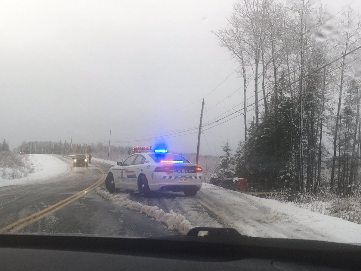 Andrew__Holland's tweet photo. New Brunswick RCMP on scene of single vehicle accident on Route 8 between Astle &amp; Boiestown. Car off the road on its side. We followed this DTI snowfighter since the Doaktown Bridge to McGivney. Lot of snow down between here and Nigadoo. @TrafficNB https://t.co/y7PAwGVbEW