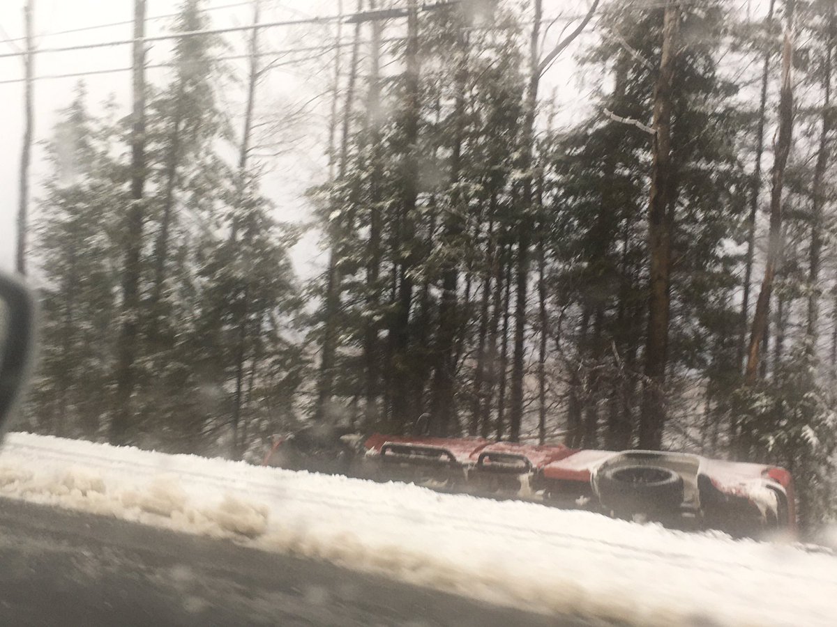 Andrew__Holland's tweet photo. New Brunswick RCMP on scene of single vehicle accident on Route 8 between Astle &amp; Boiestown. Car off the road on its side. We followed this DTI snowfighter since the Doaktown Bridge to McGivney. Lot of snow down between here and Nigadoo. @TrafficNB https://t.co/y7PAwGVbEW