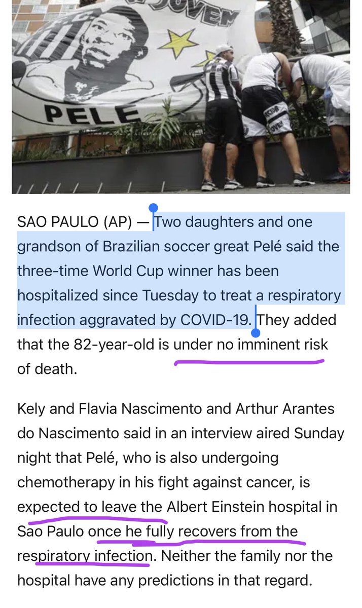 Pelé’s death is sad. But if he went to the hospital for a car accident, would they still say he just died of cancer? No. ➡️In reality—3 of his family confirm that Pelé was hospitalized for #COVID19 respiratory infection. So it was #COVID, not just cancer. 
apnews.com/article/world-…