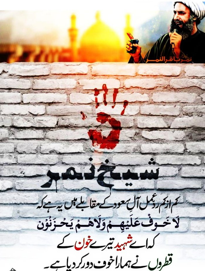 AamirAbbasKazmi's tweet image. کم از کم رد عمل آلِ سعود کے مقابلے میں یہ ہے کہ: ”لاَ خَوْفٌ عَلَيْهِمْ وَلاَ هُمْ يَحْزَنُونَ“ کہ اے شہید تیرے خون کے قطروں نے ہمارا خوف دور کر دیا ہے. 🥀
🍂

#2January #MartyrOfHijaz
#شھید_حجاز #شیخ_نمر
#باقر_النمر