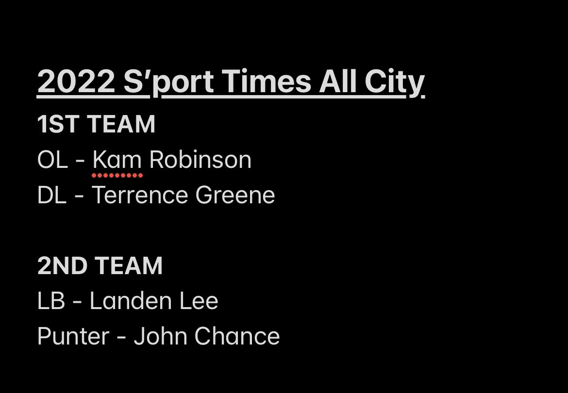 2022 S’port Times All City Team
<a href="/Bigg_Kamm/">Kameron Robinson</a> <a href="/Terrenccegreene/">Terrence Greene</a>
<a href="/LandenLee18/">Landen Lee🐊</a> @JohnHoyet
Congrats young men!
<a href="/shrevefootball/">Captain Shreve FB</a> <a href="/recruitshreve/">Captain Shreve Football Recruits</a>
<a href="/KTBS_Sports/">KTBS Sports</a> <a href="/AAnderson_KTBS/">Alex Anderson</a> <a href="/DBrownKTBS/">Daniel Brown</a> <a href="/KtalSports/">KTAL Sports</a> <a href="/wesboonetv/">Wesley Boone</a> <a href="/JohnSartoriTV/">John Sartori</a> <a href="/samrothman_/">Sam Rothman</a> <a href="/KSLASports/">KSLA News 12 Sports</a> <a href="/FletcherShow/">Tim Fletcher</a>