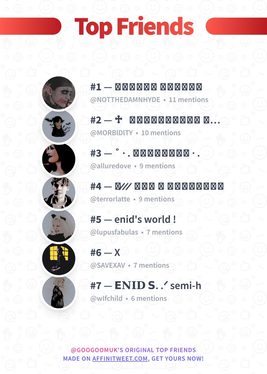 ✨ Top Friends 

🥇 NOTTHEDAMNHYDE
🥈 MORBlDlTY
🥉 alluredove
🏅 terrorlatte
🏅 lupusfabulas
🏅 SAVEXAV
🏅 wIfchild

➡️ affinitweet.com/top-friends