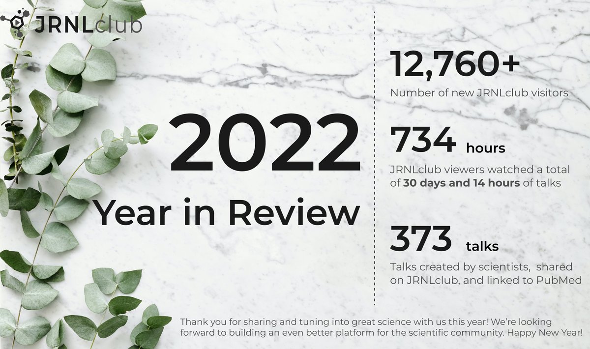 Happy new year folks! Thanks for tuning in to great science stories. Over 80 talks published this year, and over 370 talks now available <a href="/JRNLclub/">JRNLclub</a>. A look back at 2022: